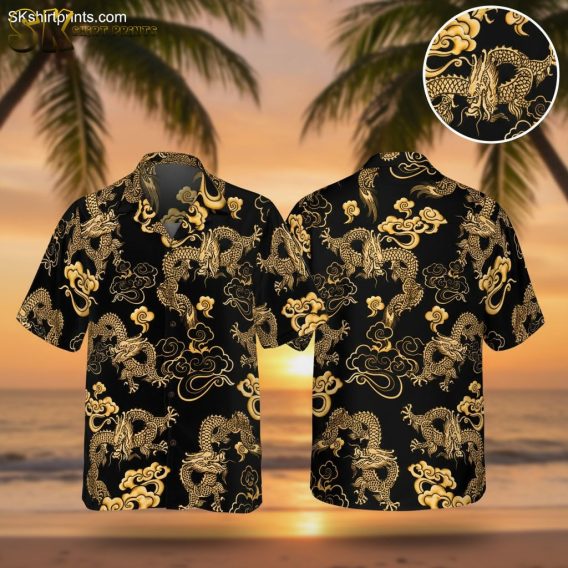 Dragon Hawaiian shirt featuring ornate golden dragons with traditional Asian motifs on black background