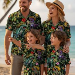 Dragon Quest Hawaiian shirt collection showing multiple color variations of dinosaur sombrero taco print design