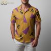 Dragon Quest Hawaiian shirt with purple geometric triangles and yellow background design