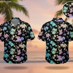Dragon Quest Slime Hawaiian shirt in color 1 featuring colorful cartoon dragon creatures and flowers on black background