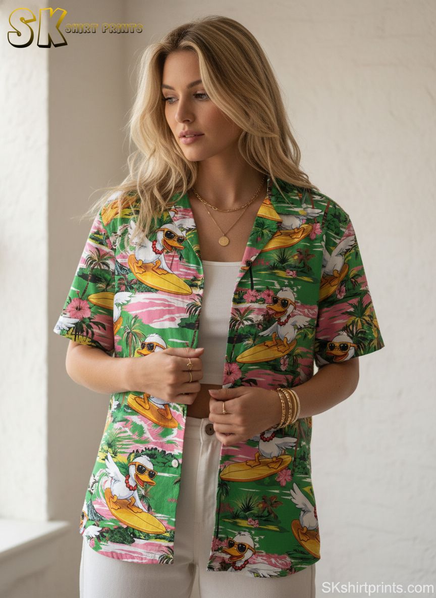 Duck button up shirt featuring cartoon ducks with accessories surfing on boards with tropical flower details