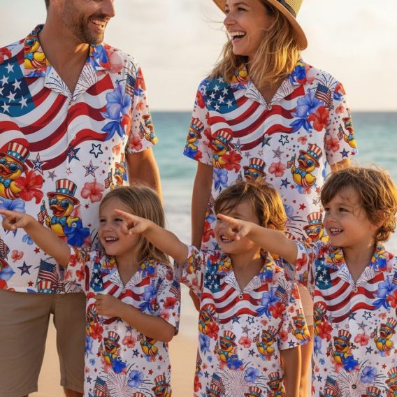 Duck button up shirt with cartoon ducks wearing bow ties and top hats surrounded by patriotic colored hibiscus flowers