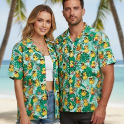Duck hawaiian shirt with rubber ducks in various poses among tropical flowers and palm leaves