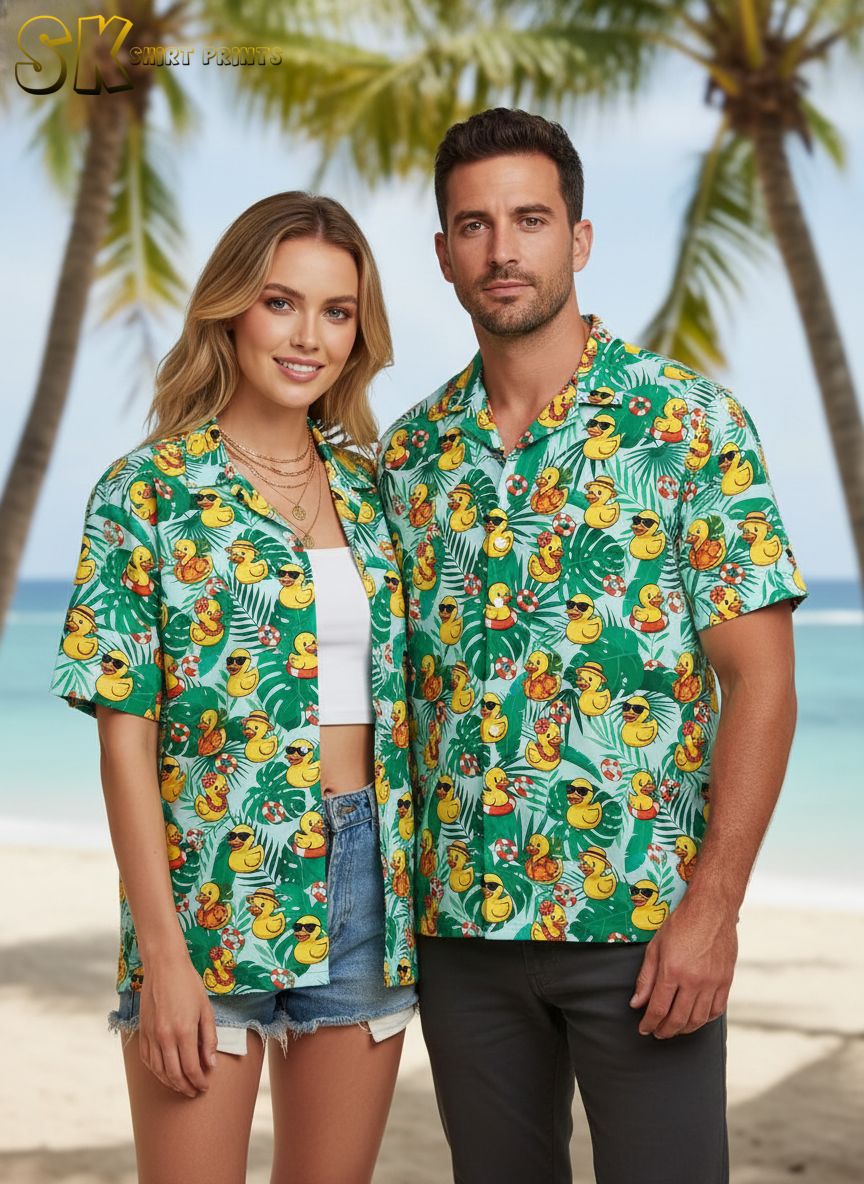Duck hawaiian shirt with rubber ducks in various poses among tropical flowers and palm leaves