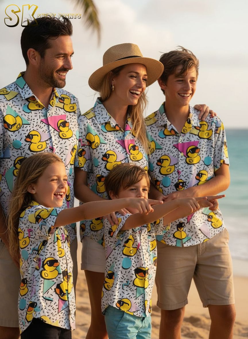 Duck hawaiian shirt displaying cartoon ducks wearing sunglasses on retro geometric background with pastel colors