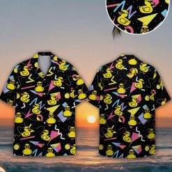 Duck hawaiian shirt featuring rubber ducks wearing sunglasses with colorful geometric shapes on black background