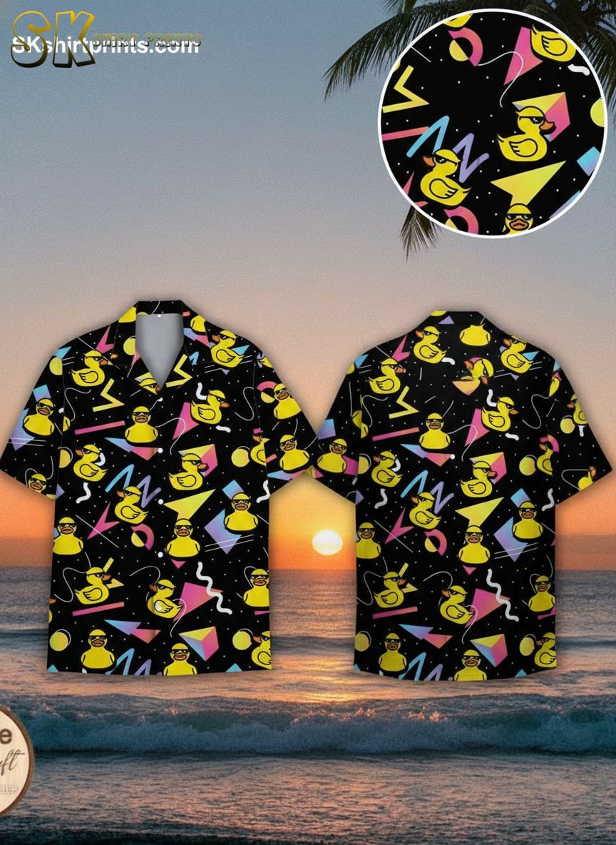 Duck hawaiian shirt featuring rubber ducks wearing sunglasses with colorful geometric shapes on black background