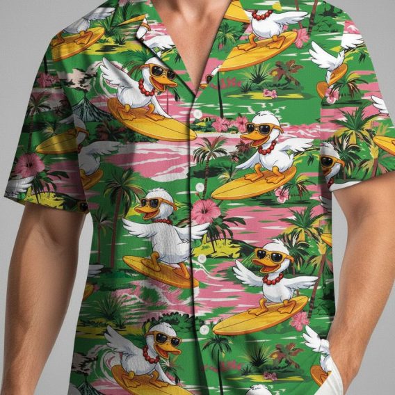 Duck Hawaiian shirt with cartoon ducks on surfboards surrounded by palm trees and hibiscus flowers