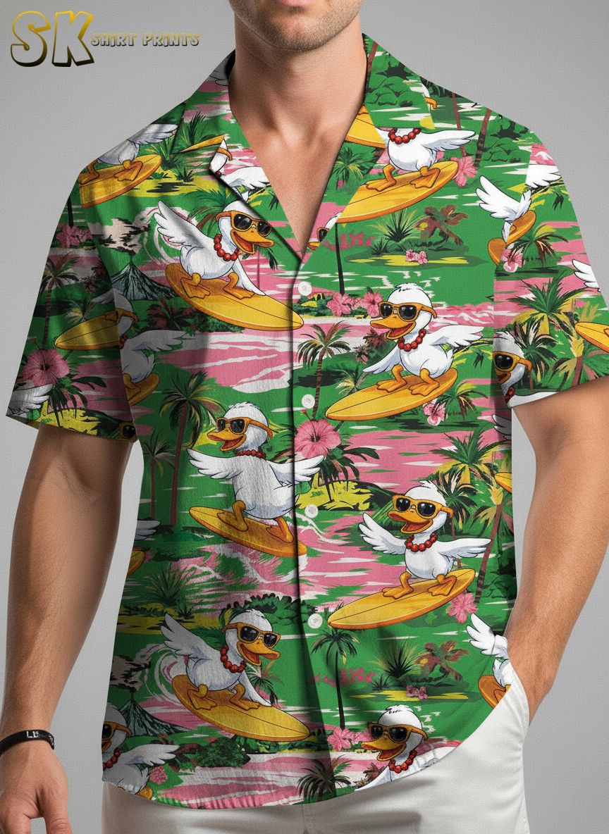 Duck Hawaiian shirt with cartoon ducks on surfboards surrounded by palm trees and hibiscus flowers