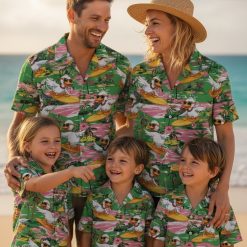 Duck print shirt showing cartoon ducks wearing sunglasses surfing yellow boards with tropical flower accents