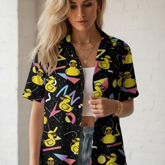 Duck print shirt showing rubber duck pattern mixed with bright triangular and circular shapes