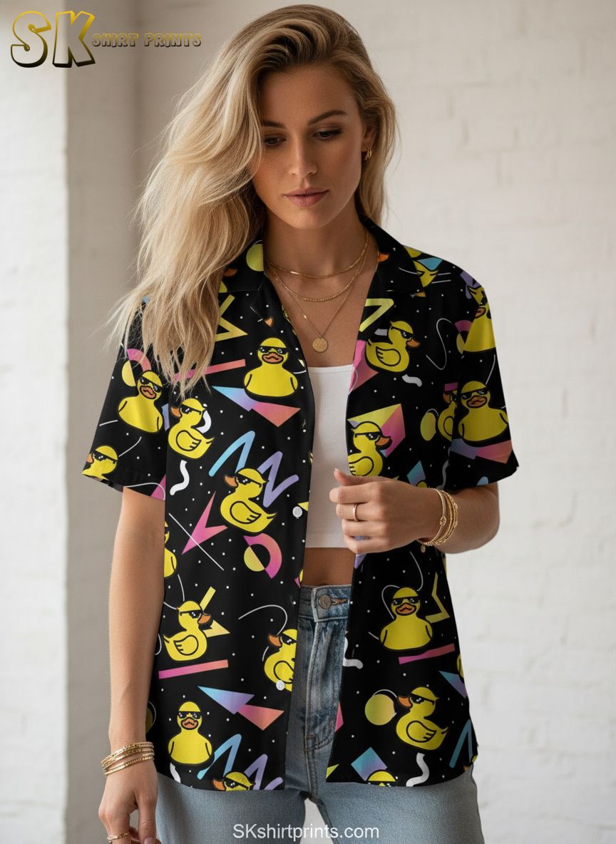 Duck print shirt showing rubber duck pattern mixed with bright triangular and circular shapes