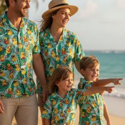 Duck print shirt showing rubber ducks scattered across tropical floral pattern