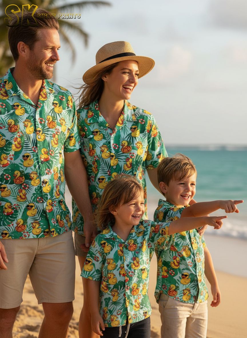 Duck print shirt showing rubber ducks scattered across tropical floral pattern