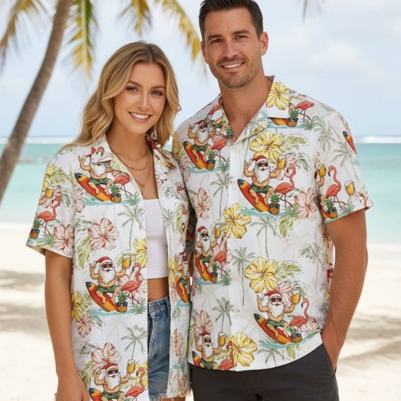 Family Christmas Hawaiian shirt displaying Santa on surfboard with tropical hibiscus flowers and pineapple patterns