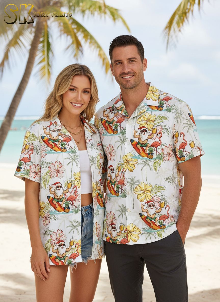 Family Christmas Hawaiian shirt displaying Santa on surfboard with tropical hibiscus flowers and pineapple patterns