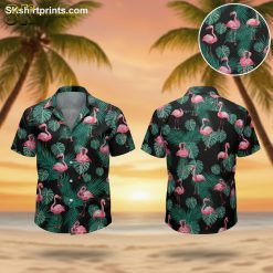 Flamingo aloha shirt featuring pink flamingos and green tropical leaves on black background