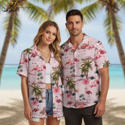 Flamingo aloha shirt showing tropical flamingo birds among palm trees and flowers