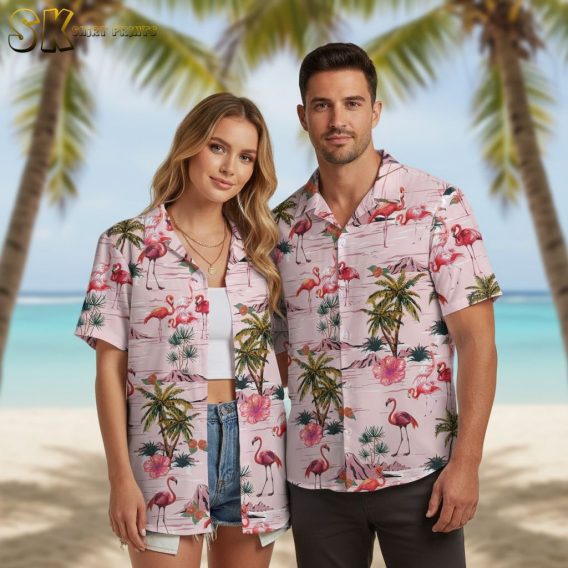 Flamingo aloha shirt showing tropical flamingo birds among palm trees and flowers