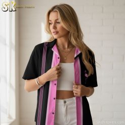 Flamingo aloha shirt showing black and pink color scheme with vertical stripes and bird outline