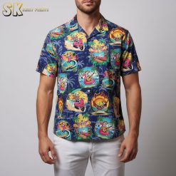 Flamingo aloha shirt with tropical animals surfing and beach activities on navy background
