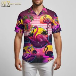 Flamingo aloha shirt in vibrant tropical colors perfect for summer beach vacations and casual wear