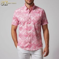 Flamingo aloha shirt with detailed feather illustrations and tropical floral accents
