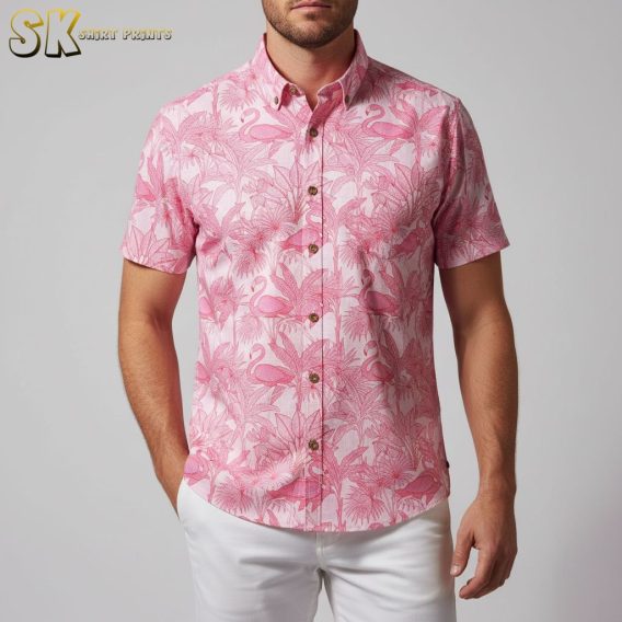 Flamingo aloha shirt with detailed feather illustrations and tropical floral accents