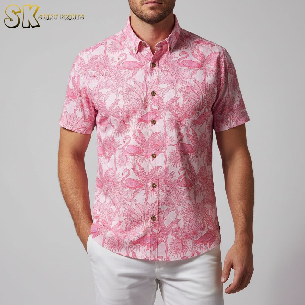 Flamingo aloha shirt with detailed feather illustrations and tropical floral accents