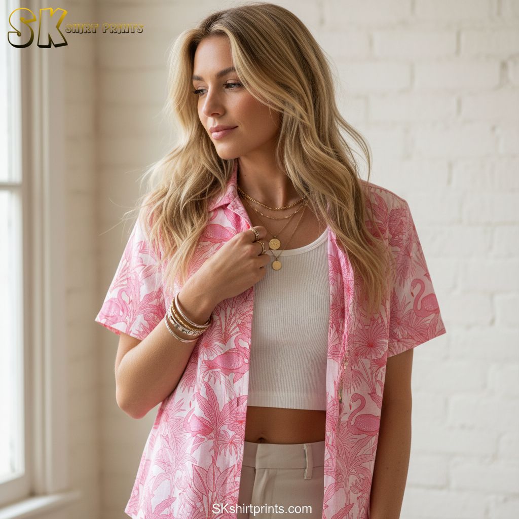 Flamingo Hawaiian button down shirt size chart and product specifications display