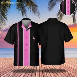 Black flamingo Hawaiian shirt featuring pink vertical stripes and flamingo outline on chest pocket