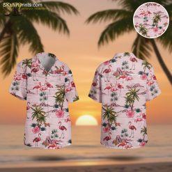 Flamingo hawaiian shirt featuring pink flamingos, palm trees, and tropical flowers on light pink background