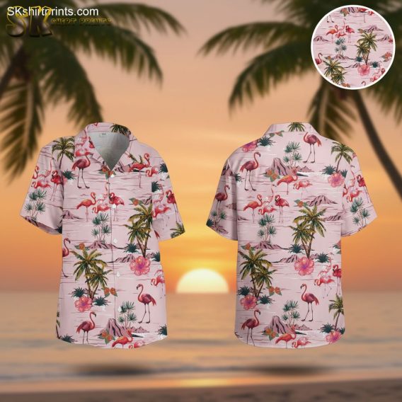 Flamingo hawaiian shirt featuring pink flamingos, palm trees, and tropical flowers on light pink background