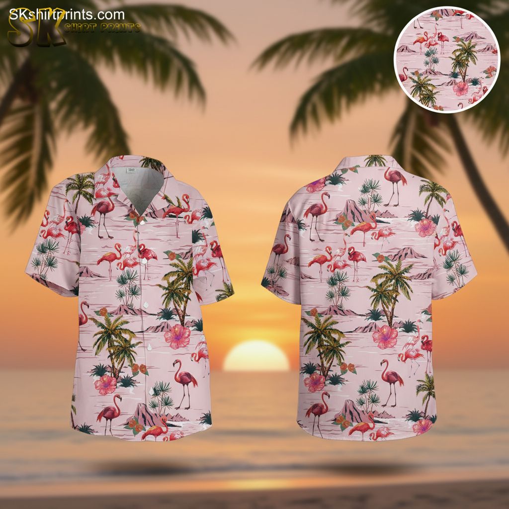 Flamingo hawaiian shirt featuring pink flamingos, palm trees, and tropical flowers on light pink background