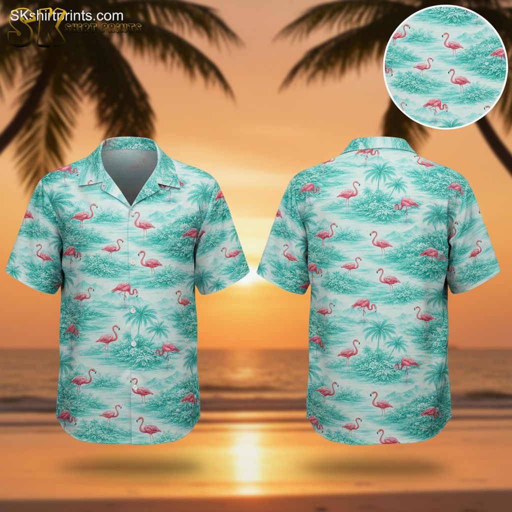 Flamingo hawaiian shirt featuring pink flamingos with turquoise background and palm trees