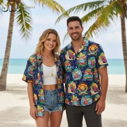 Women's flamingo Hawaiian shirt with colorful tropical animals and Good Vibes design