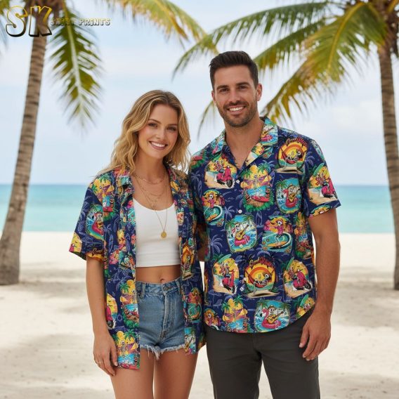 Women's flamingo Hawaiian shirt with colorful tropical animals and Good Vibes design