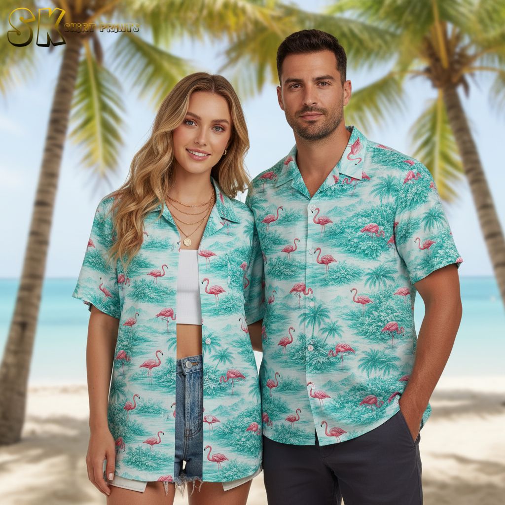 Flamingo hawaiian shirt womens style with pink flamingos and tropical mountain scenery