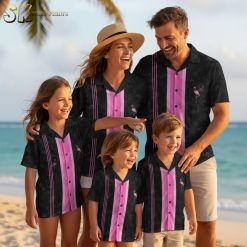 Flamingo tropical shirt with pink vertical stripes on black background and flamingo pocket design