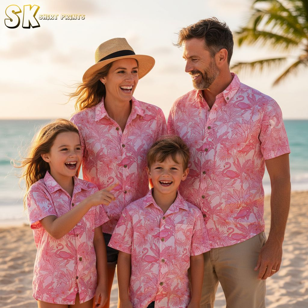 Flamingo tropical wear collection showing multiple shirt styles and color variations