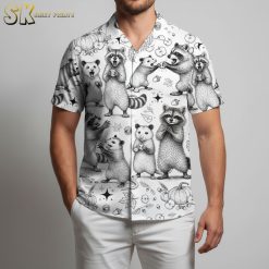 Funny animal Hawaiian shirt with cute raccoons and opossums in playful autumn setting