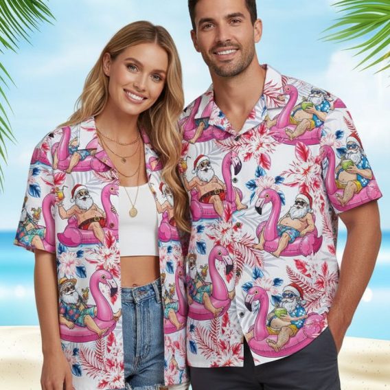 Funny Christmas Hawaiian shirts with humorous Santa character on pink flamingos holding tropical cocktails amid colorful flowers