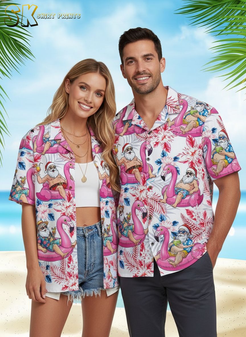 Funny Christmas Hawaiian shirts with humorous Santa character on pink flamingos holding tropical cocktails amid colorful flowers