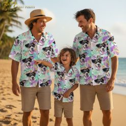 Collection of funny dog Hawaiian shirts showing multiple color variations and patterns