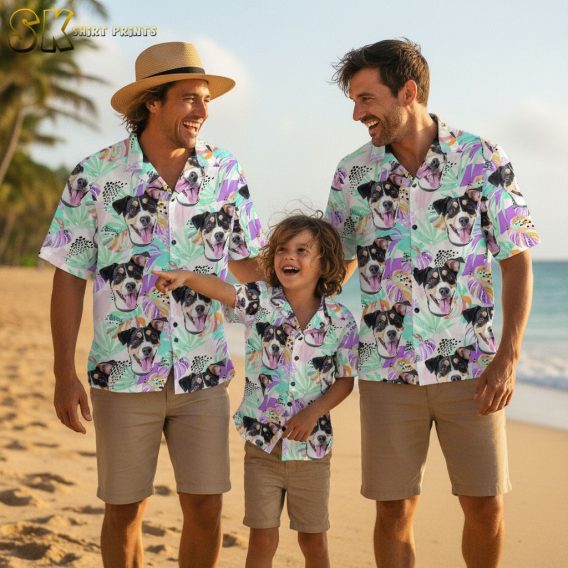 Collection of funny dog Hawaiian shirts showing multiple color variations and patterns