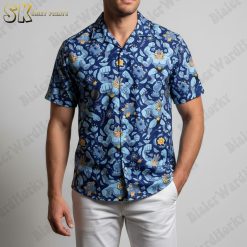 Funny Hawaiian shirt with muscle man character in blue and orange tropical print
