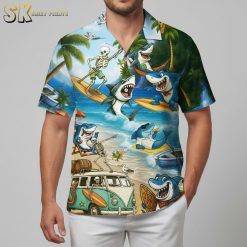 Funny skeleton Hawaiian shirt with surfing skeletons, sharks and palm trees on tropical background