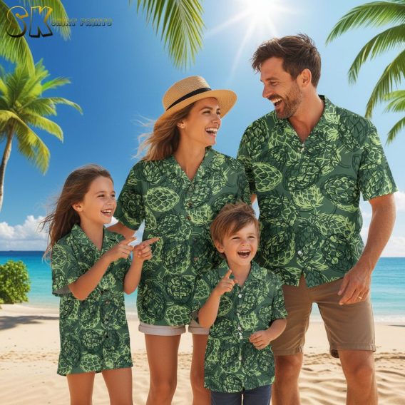 Green aloha shirt featuring dense artichoke pattern with detailed leaf illustrations creating textured tropical design
