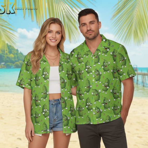 Green aloha shirt with cartoon-style pickles and colorful musical notes creating a lively pattern
