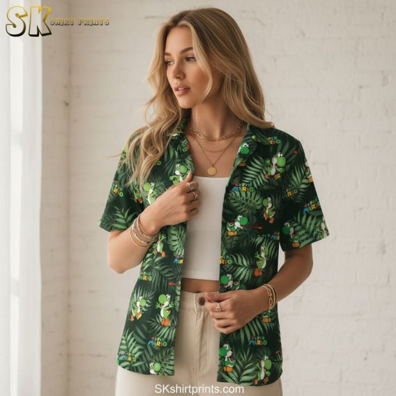 Green aloha shirt featuring Mario logo prominently displayed with character artwork over tropical leaf background